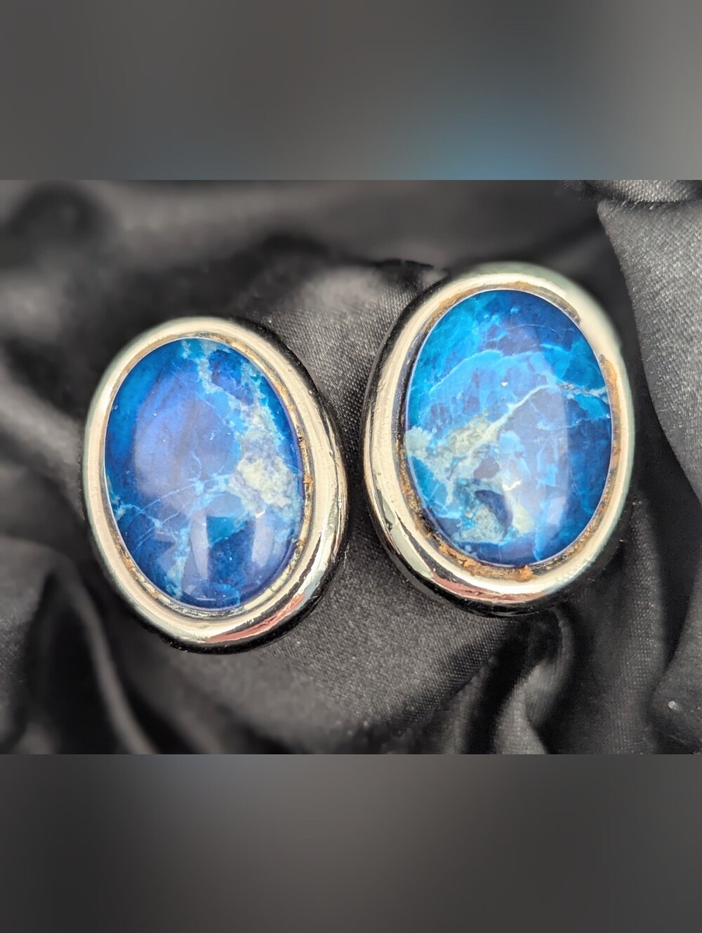 Denim Lapis-Like Blue Stone Oval Clip-On Silver-Tone Earrings - Picture 7 of 9